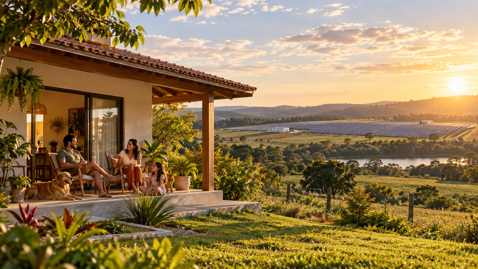 Casa sem placas no telhado e usina solar em local separado
